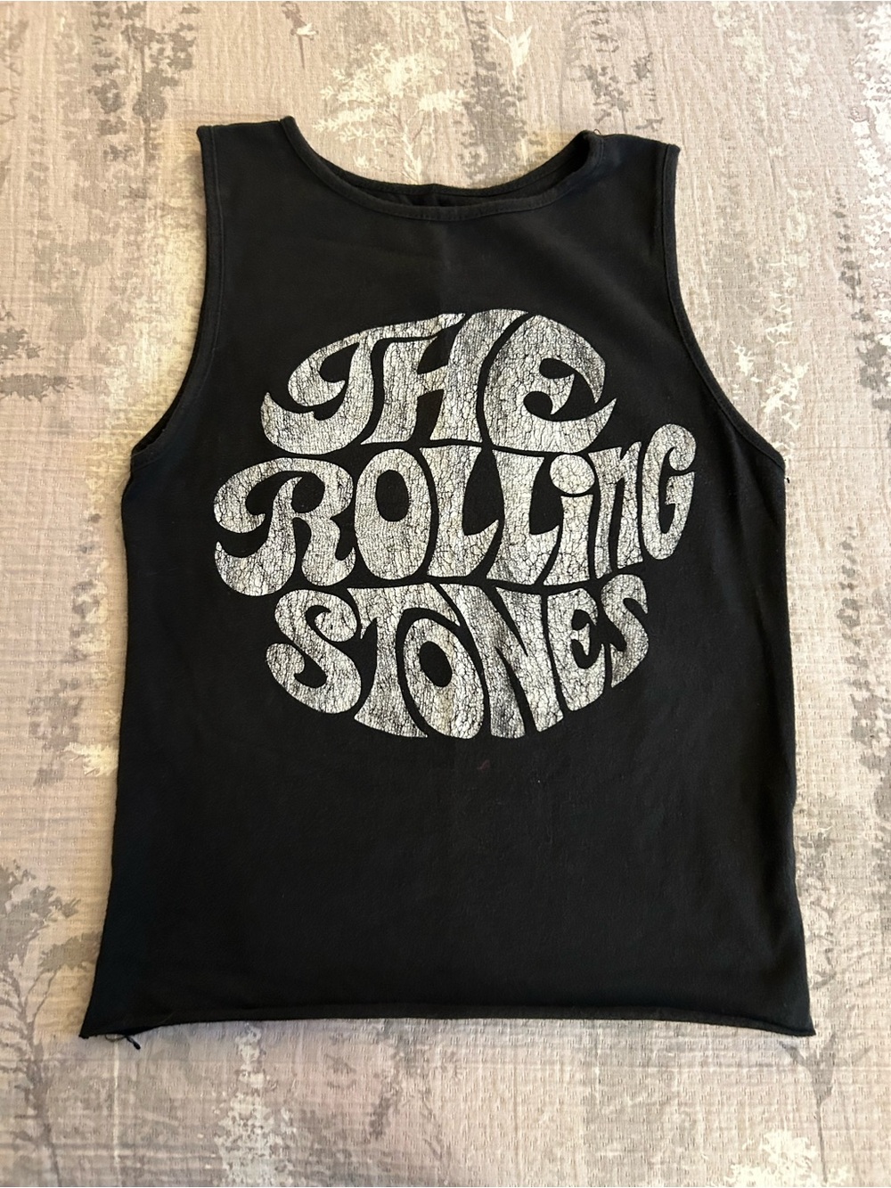 the Rolling Stones Black Tank with Distressed Silver Logo